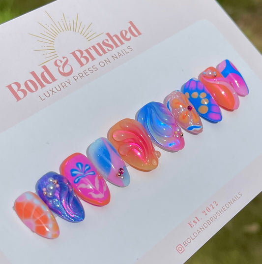Pink, Blue & Orange Abstract 3D Press On Nail Set