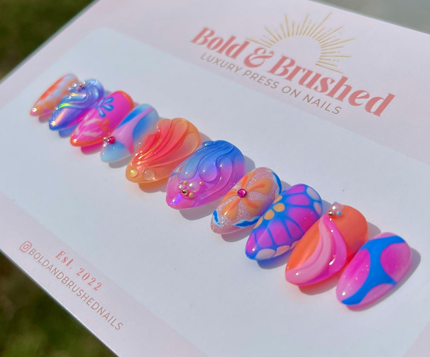 Pink, Blue & Orange Abstract 3D Press On Nail Set