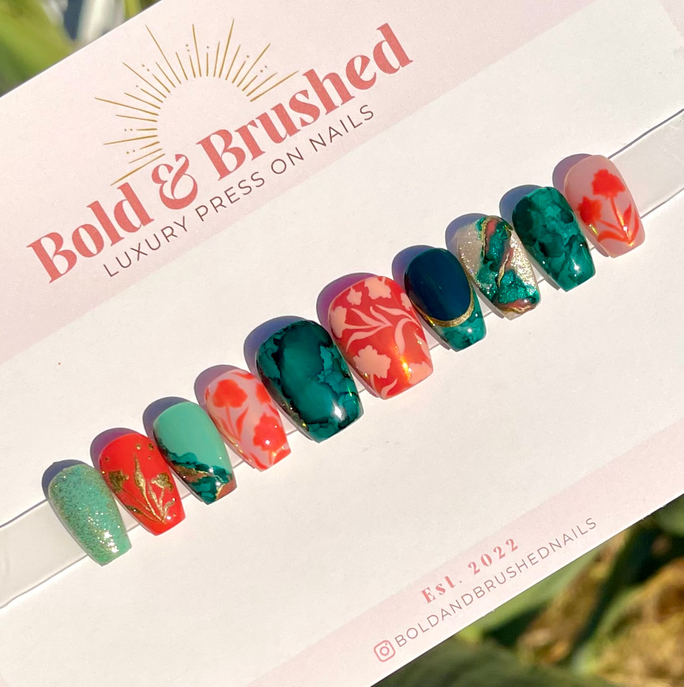 Marbled Emerald & Coral Florals