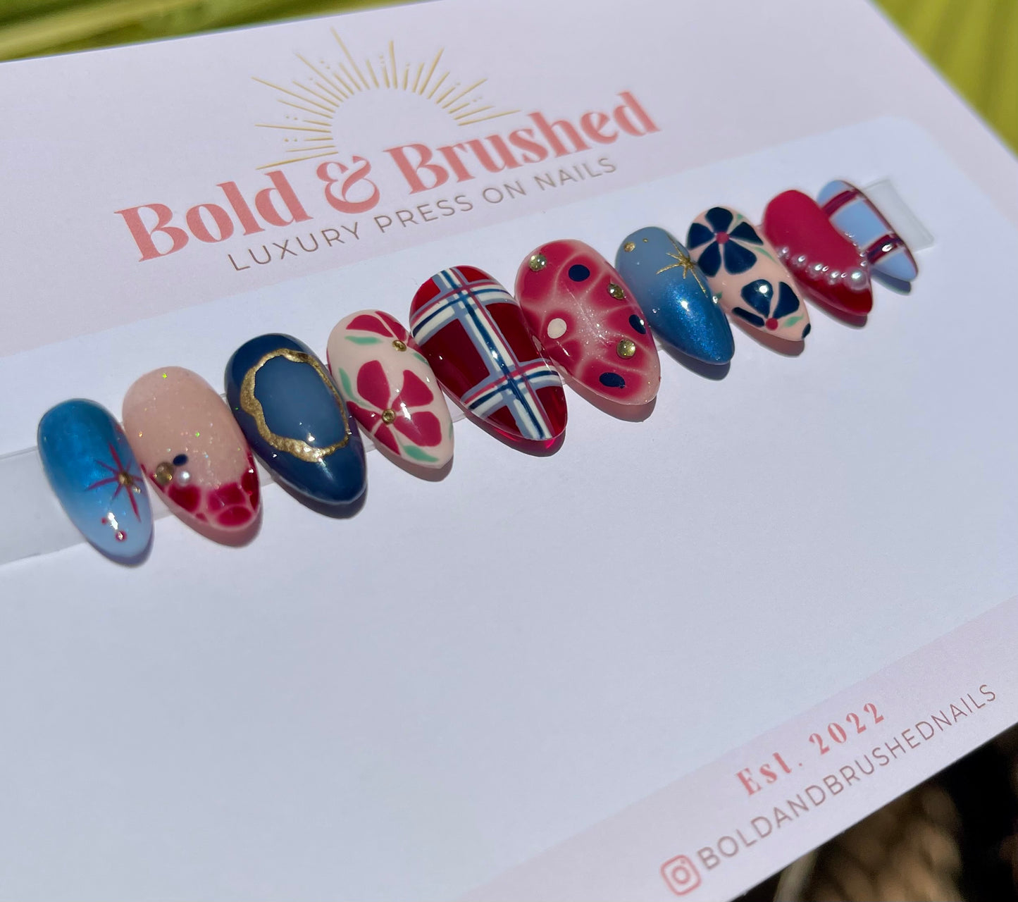 Burgundy & Navy Pearls with Plaid Press on Nail Set. Gold Chrome, Aura & Floral Hand Painted Nail Extensions.