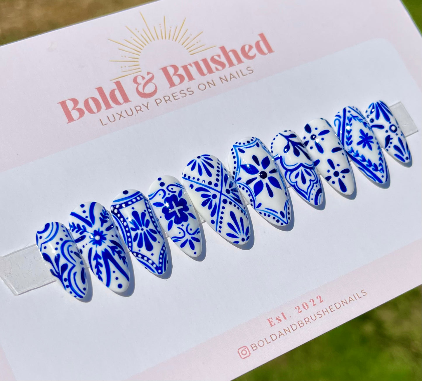 Talavera Tile Royal Blue Press On Nail Set | Greek Floral Luxury Hand Painted Nail Set