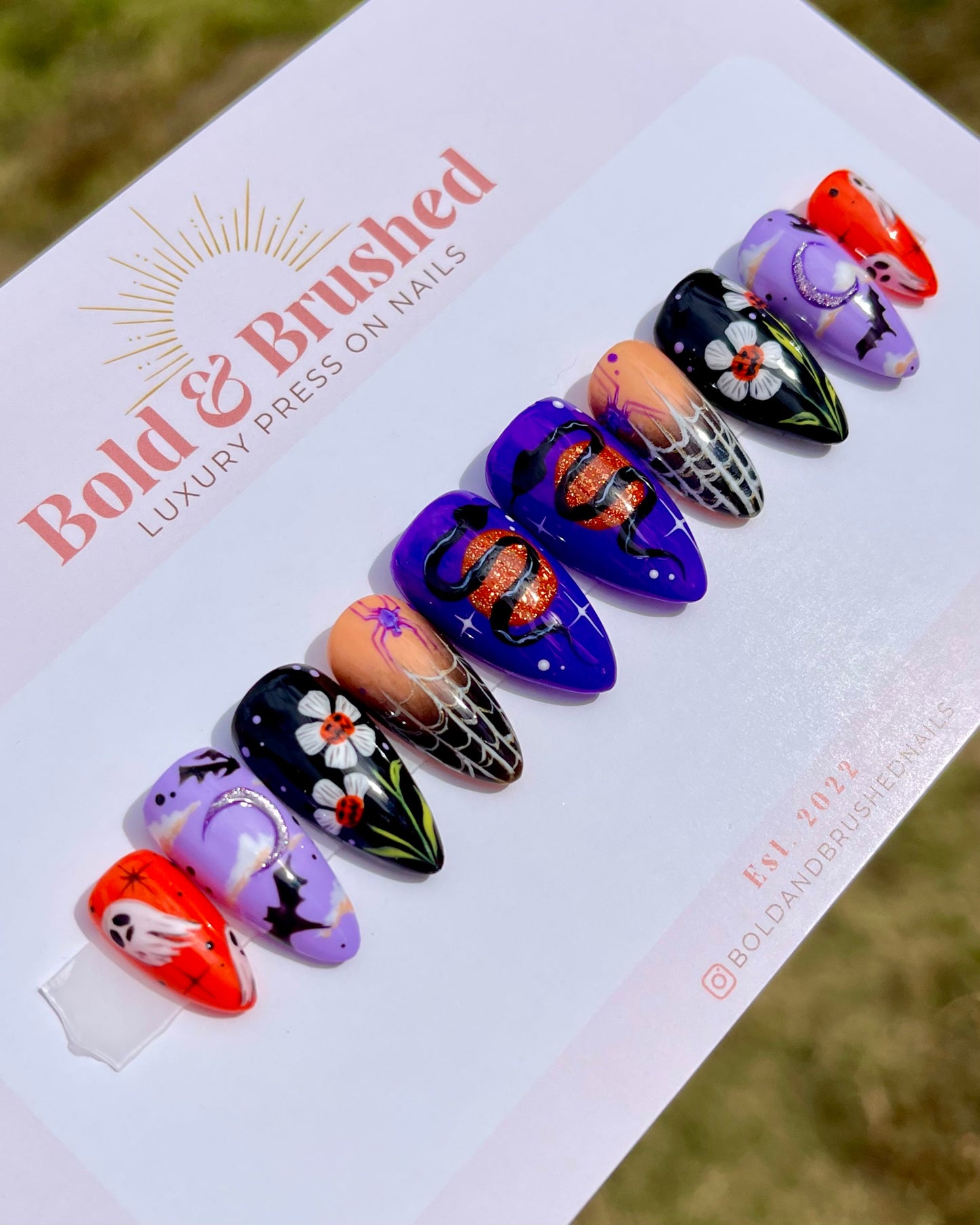 Snakes, Ghosts and Spiders; Oh My! Purple and Orange Halloween Press On Nail Set