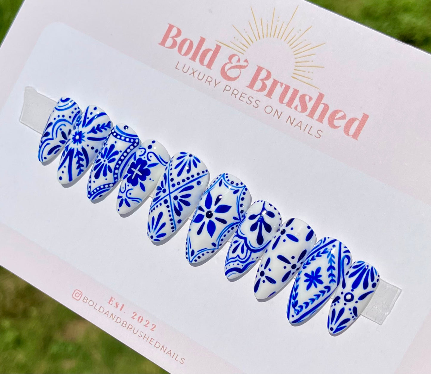 Talavera Tile Royal Blue Press On Nail Set | Greek Floral Luxury Hand Painted Nail Set