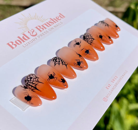 Spider Webbed Orange Ombre Halloween Press On Nail Set