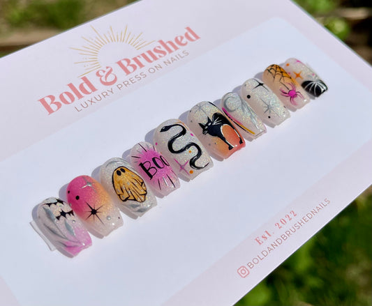 Spooky Cat and Ghostly Boo! Pink and Orange Rainbow Cateye Halloween Press On Nail Set