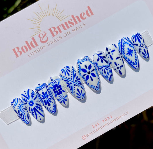 Talavera Tile Royal Blue Press On Nail Set | Greek Floral Luxury Hand Painted Nail Set