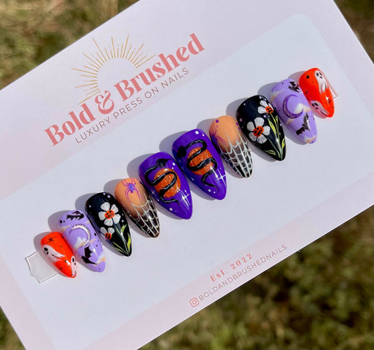 Snakes, Ghosts and Spiders; Oh My! Purple and Orange Halloween Press On Nail Set