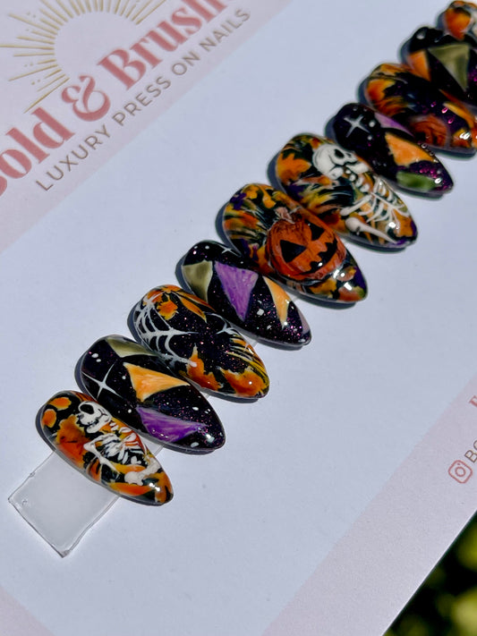 Skelton & Creepy Jack o Lantern Autumnal Halloween Press On Nail Set
