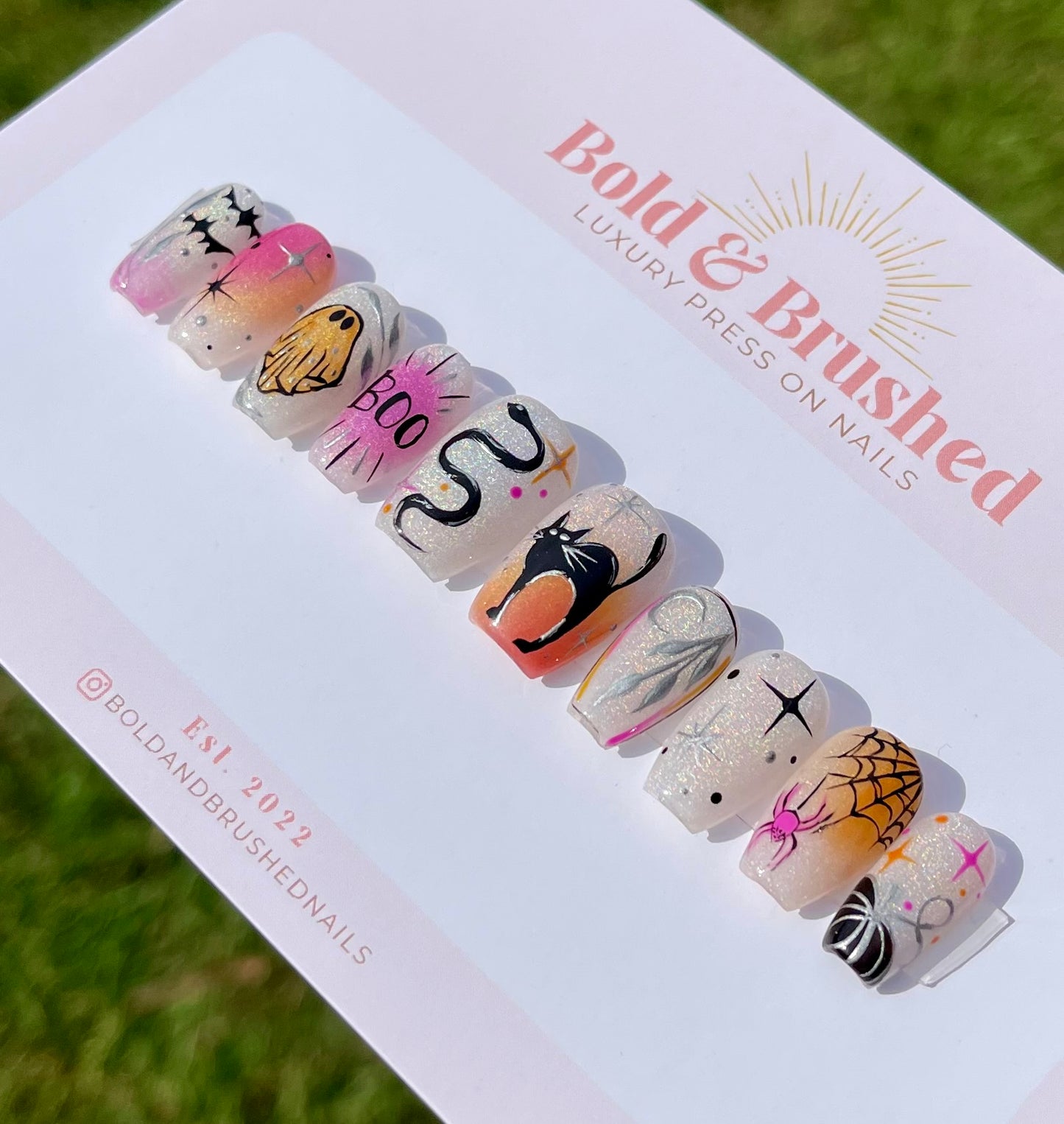 Spooky Cat and Ghostly Boo! Pink and Orange Rainbow Cateye Halloween Press On Nail Set