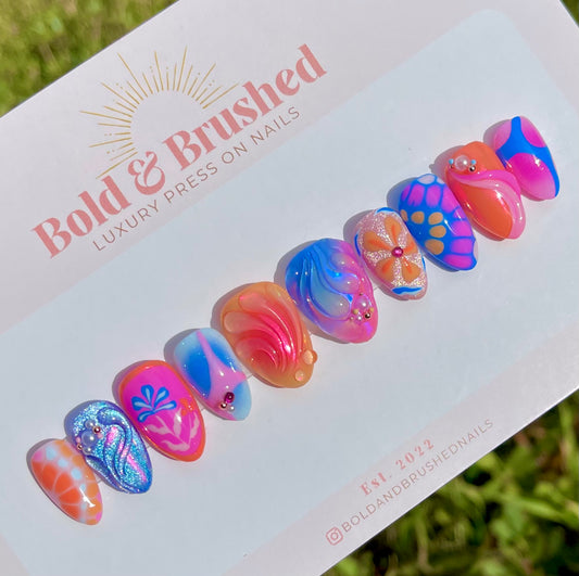 Pink, Blue & Orange Abstract 3D Press On Nail Set