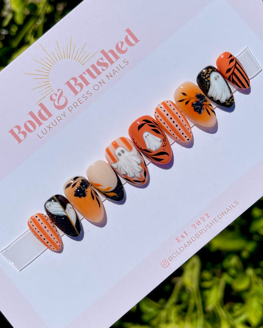 Victorian Ghosts and Pinstripes Halloween Press On Nail Set