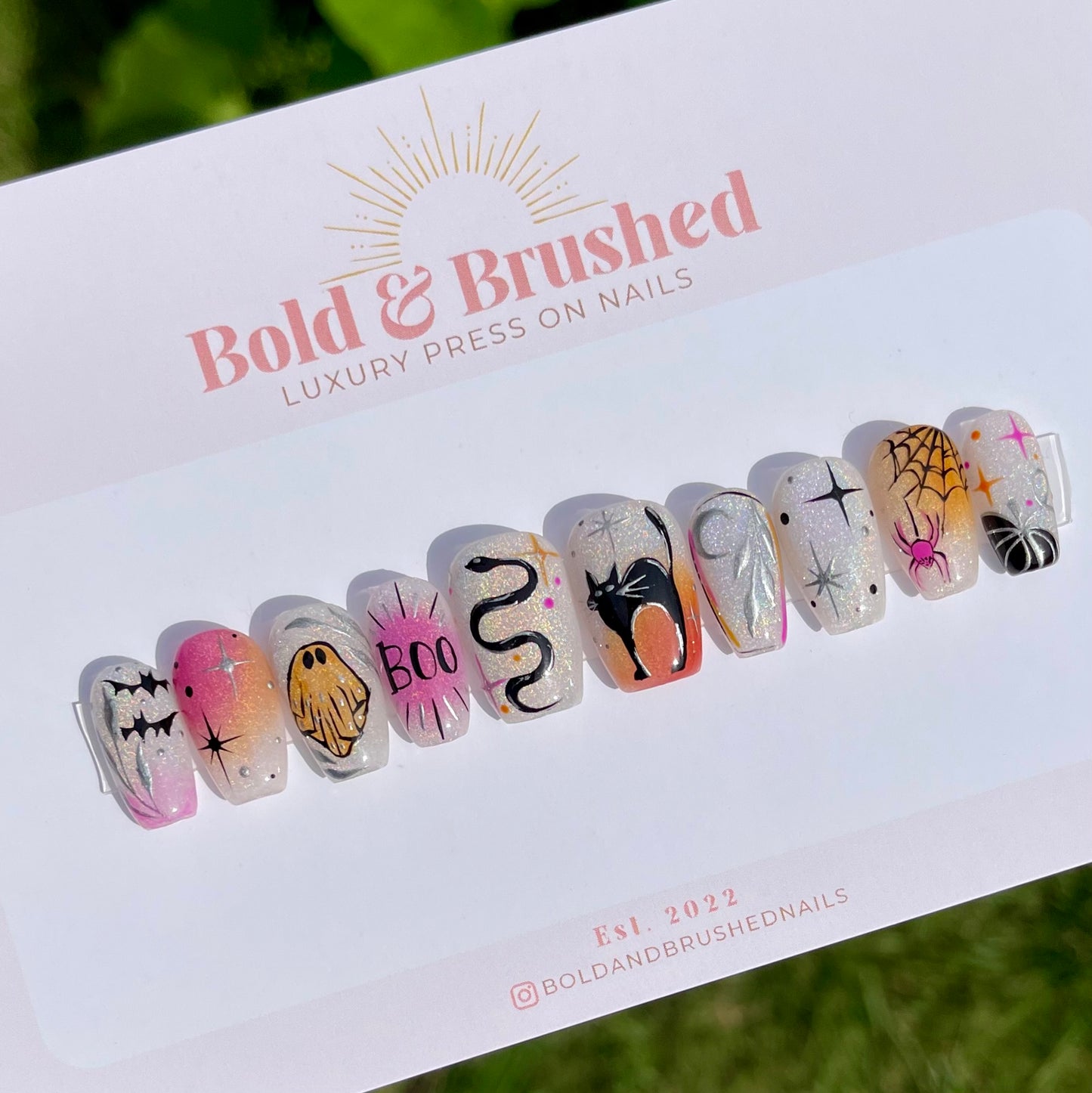 Spooky Cat and Ghostly Boo! Pink and Orange Rainbow Cateye Halloween Press On Nail Set