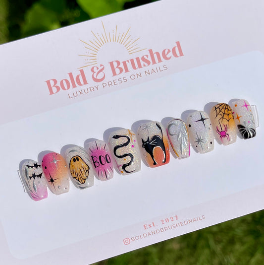 Spooky Cat and Ghostly Boo! Pink and Orange Rainbow Cateye Halloween Press On Nail Set