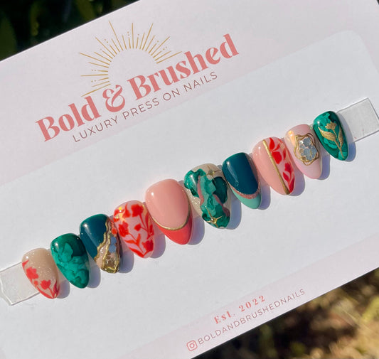 Marbled Emerald & Coral Florals