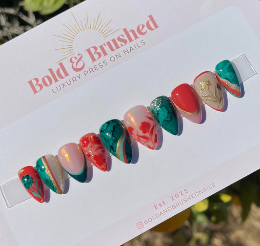 Marbled Emerald & Coral Florals
