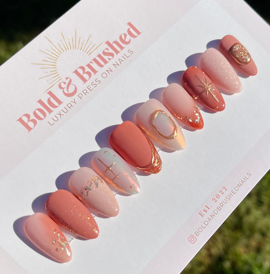 Fall Aura & Gold Chrome Press On Nail Set, Mix and Match Hand Painted Nail Extensions