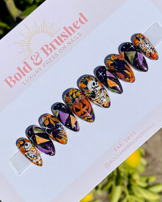 Skelton & Creepy Jack o Lantern Autumnal Halloween Press On Nail Set