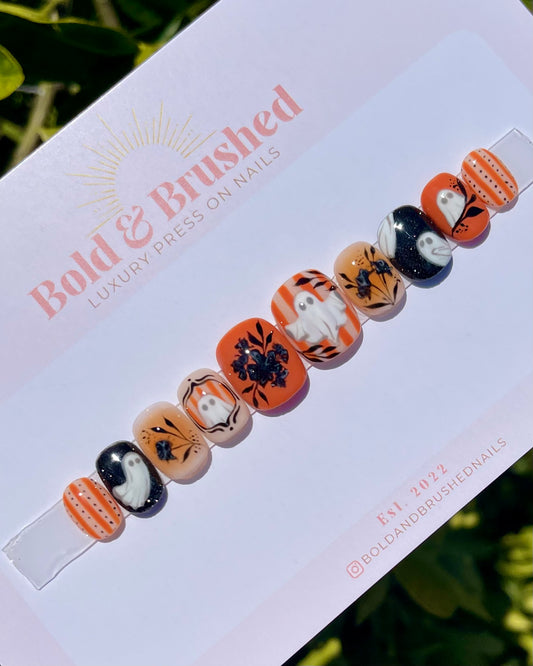 Victorian Ghosts and Pinstripes Halloween Press On Nail Set