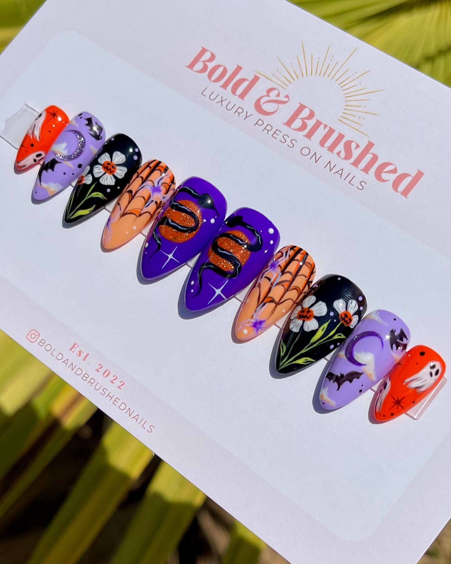 Snakes, Ghosts and Spiders; Oh My! Purple and Orange Halloween Press On Nail Set